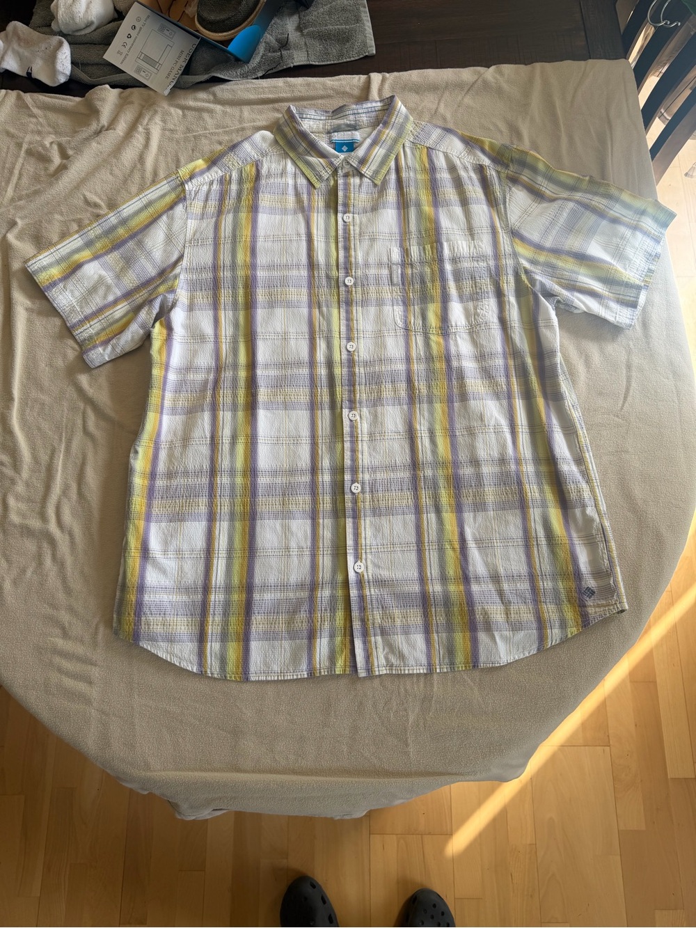 Columbia Short Sleeve Plaid Button-Up Shirt - White, Yellow & Light Gray